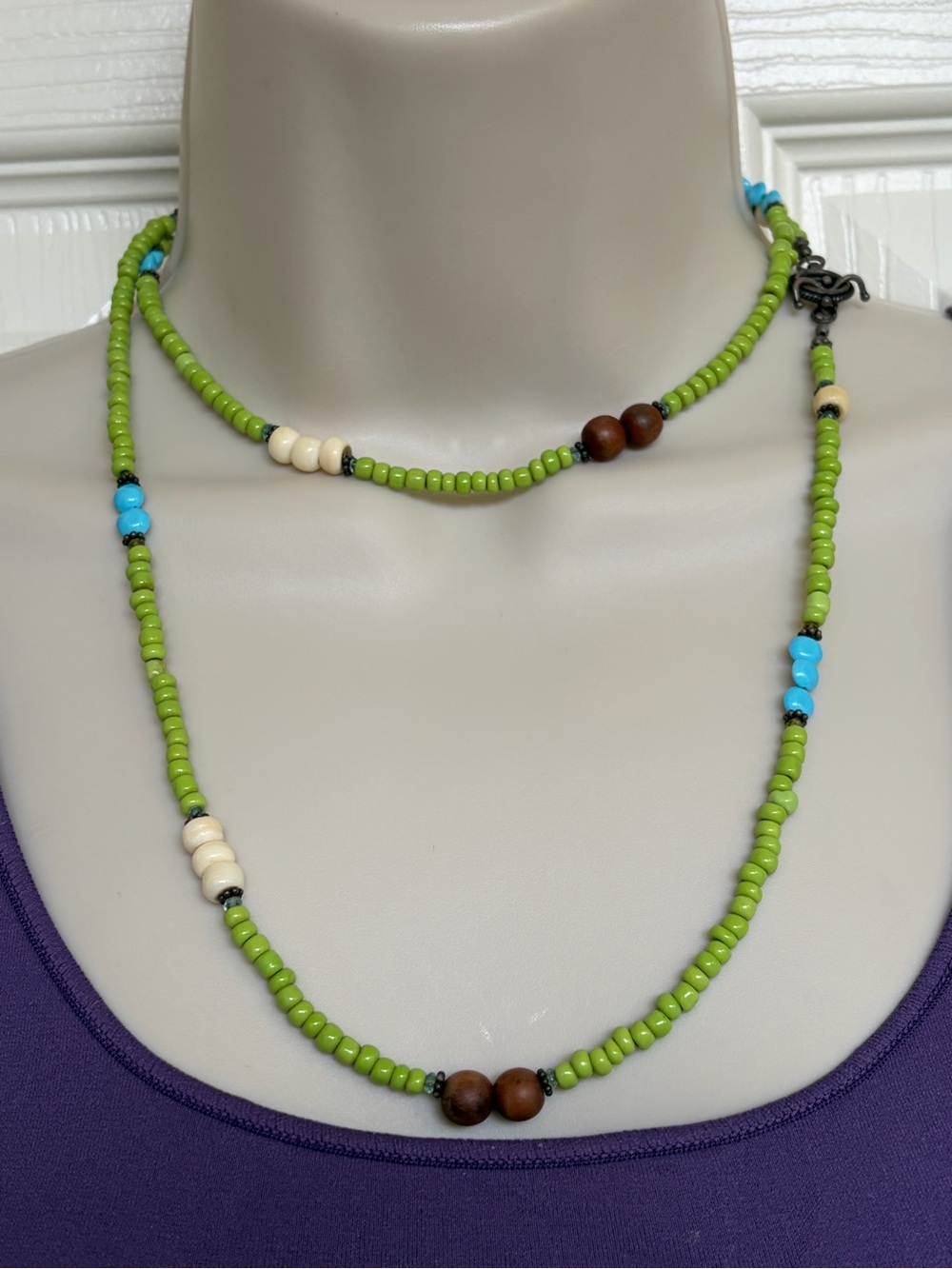 Handmade Long Single Strand Beaded Necklace Turquoise Wood Bohemian